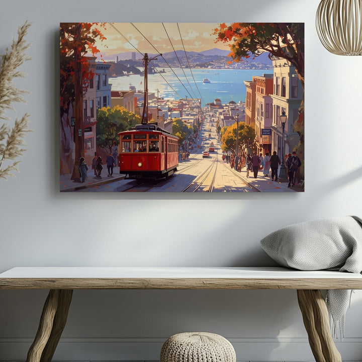 Golden Hour Cable Car Canvas – Sunlit San Francisco Hill Street Wall Art - Gifitto