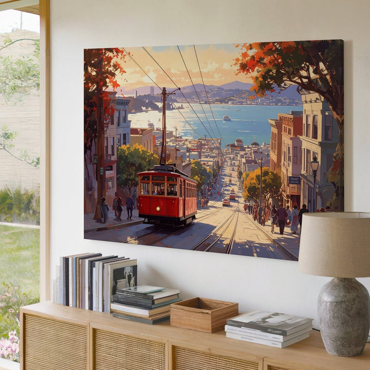 Golden Hour Cable Car Canvas – Sunlit San Francisco Hill Street Wall Art - Gifitto