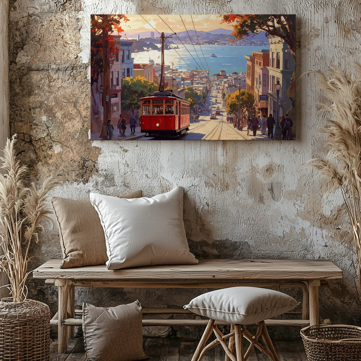 Golden Hour Cable Car Canvas – Sunlit San Francisco Hill Street Wall Art - Gifitto