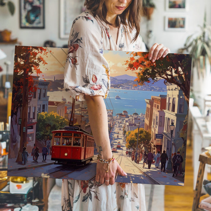 Golden Hour Cable Car Canvas – Sunlit San Francisco Hill Street Wall Art - Gifitto