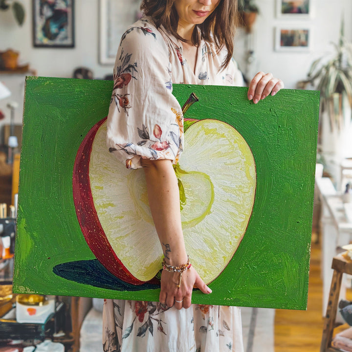 Minimal Apple Slice Canvas – Graphic Fruit Art on Vibrant Green Background - Gifitto