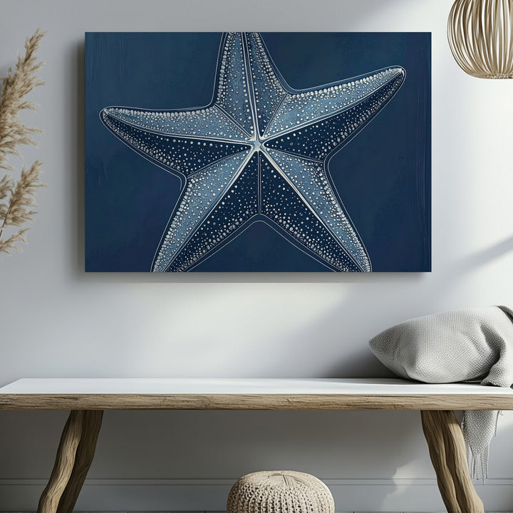 Minimalist Starfish Canvas – White Line Art on Deep Navy - Gifitto