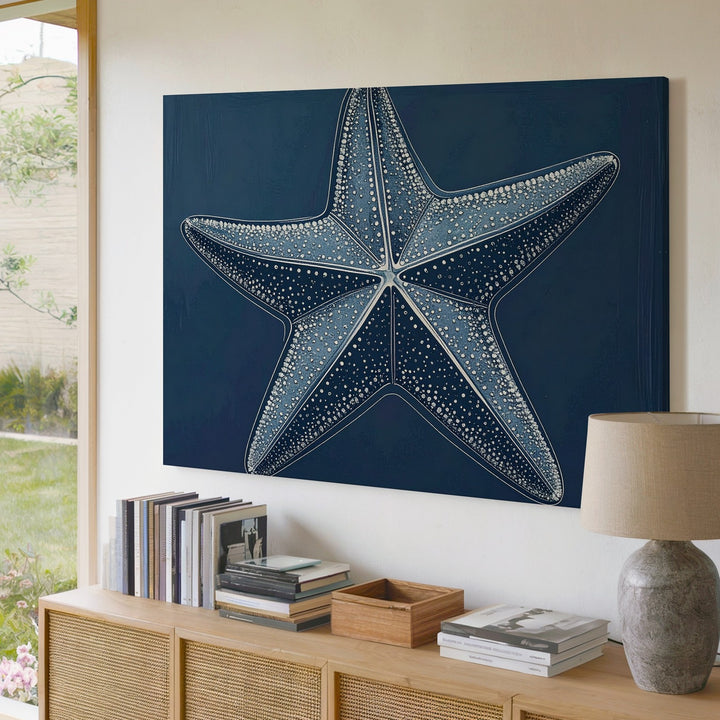 Minimalist Starfish Canvas – White Line Art on Deep Navy - Gifitto