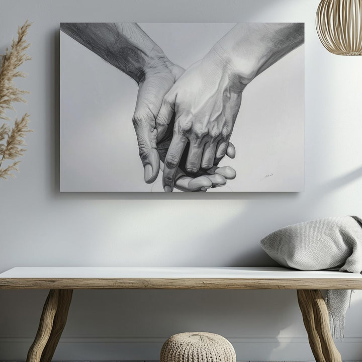 Gentle Touch Canvas – Minimalist Black-and-White Handholding Art - Gifitto