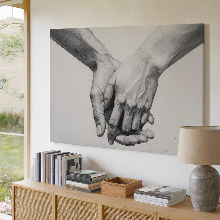 Gentle Touch Canvas – Minimalist Black-and-White Handholding Art - Gifitto