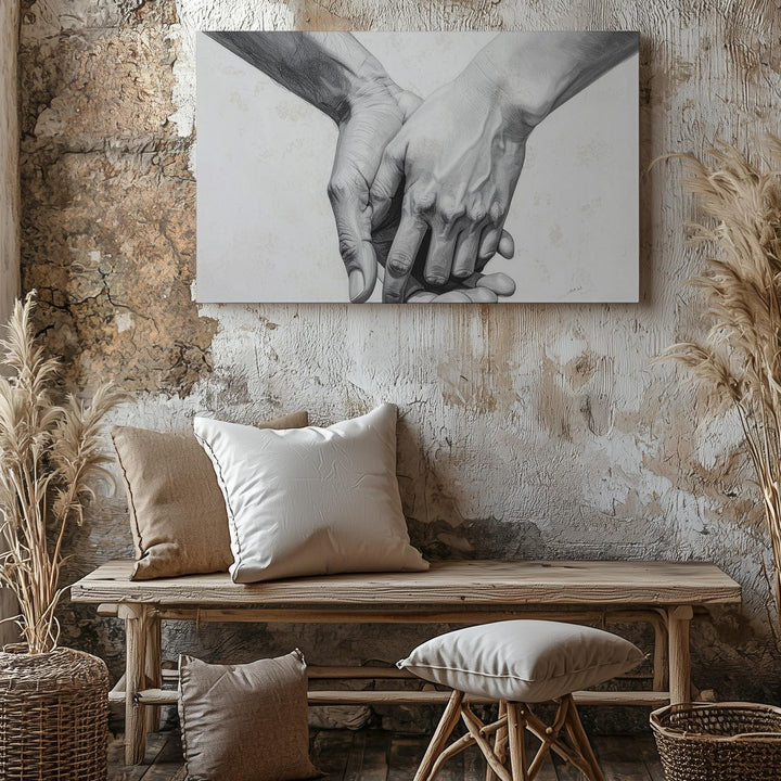 Gentle Touch Canvas – Minimalist Black-and-White Handholding Art - Gifitto