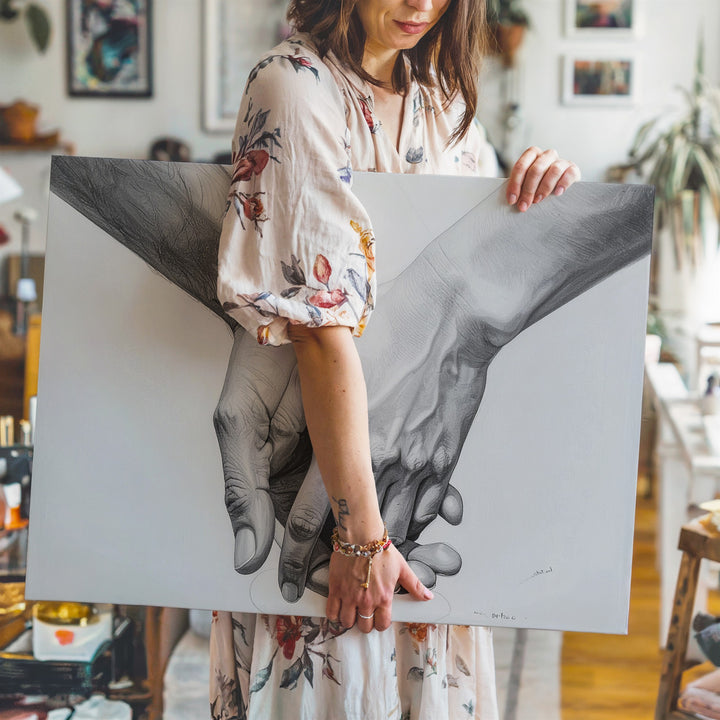 Gentle Touch Canvas – Minimalist Black-and-White Handholding Art - Gifitto