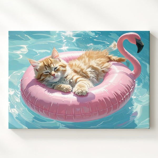 Lazy Summer Kitten Canvas – Orange Kitten on Flamingo Pool Float - Gifitto