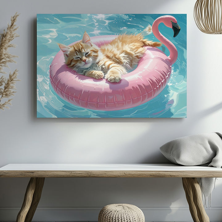 Lazy Summer Kitten Canvas – Orange Kitten on Flamingo Pool Float - Gifitto