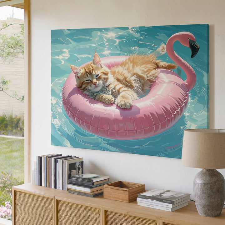 Lazy Summer Kitten Canvas – Orange Kitten on Flamingo Pool Float - Gifitto