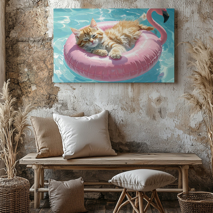 Lazy Summer Kitten Canvas – Orange Kitten on Flamingo Pool Float - Gifitto