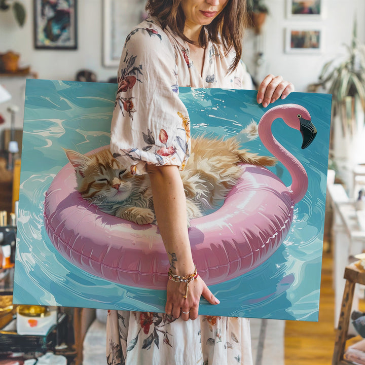 Lazy Summer Kitten Canvas – Orange Kitten on Flamingo Pool Float - Gifitto