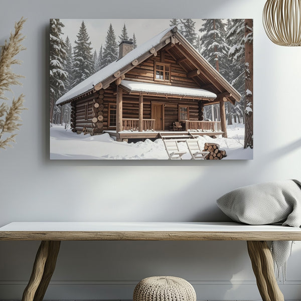 Rustic Winter Cabin Canvas – Snowy Forest Retreat Wall Art
