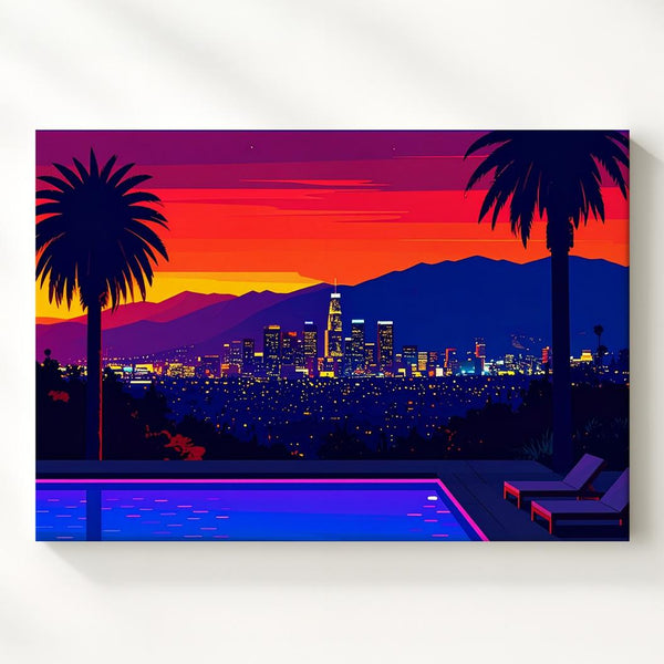 Neon Sunset Poolside Canvas – Vaporwave Cityscape with Palm Trees & Lounge Chairs - Gifitto