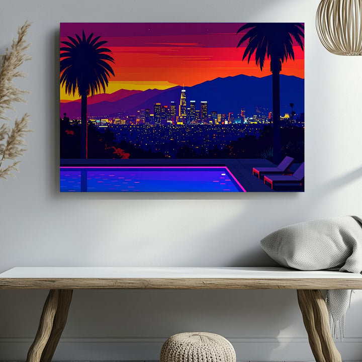 Neon Sunset Poolside Canvas – Vaporwave Cityscape with Palm Trees & Lounge Chairs - Gifitto