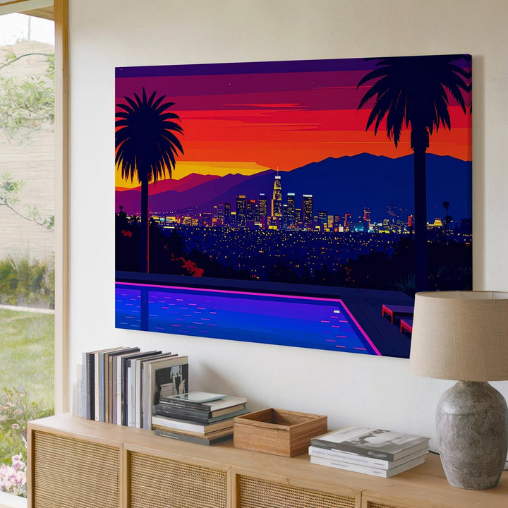 Neon Sunset Poolside Canvas – Vaporwave Cityscape with Palm Trees & Lounge Chairs - Gifitto
