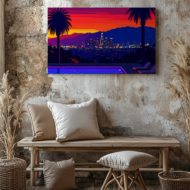 Neon Sunset Poolside Canvas – Vaporwave Cityscape with Palm Trees & Lounge Chairs - Gifitto