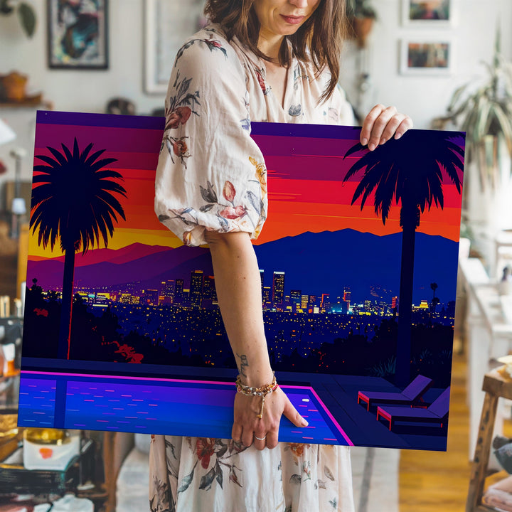 Neon Sunset Poolside Canvas – Vaporwave Cityscape with Palm Trees & Lounge Chairs - Gifitto
