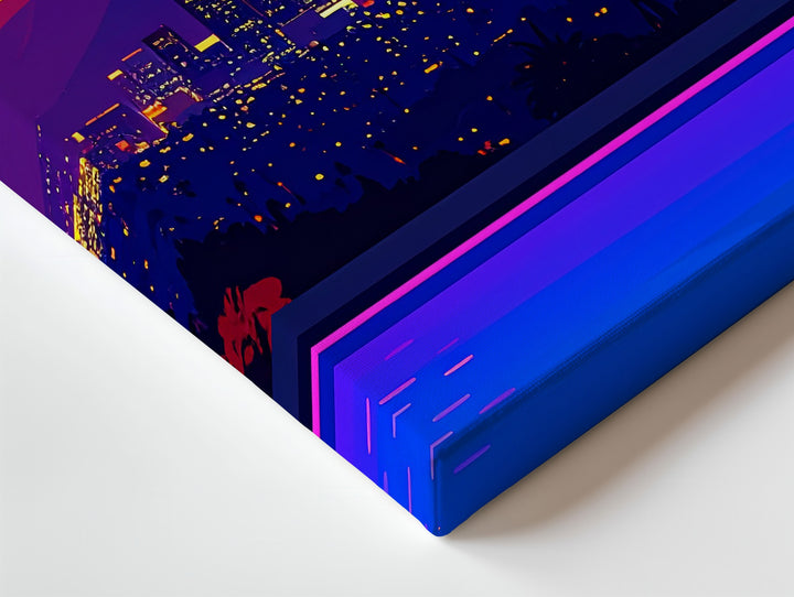 Neon Sunset Poolside Canvas – Vaporwave Cityscape with Palm Trees & Lounge Chairs - Gifitto