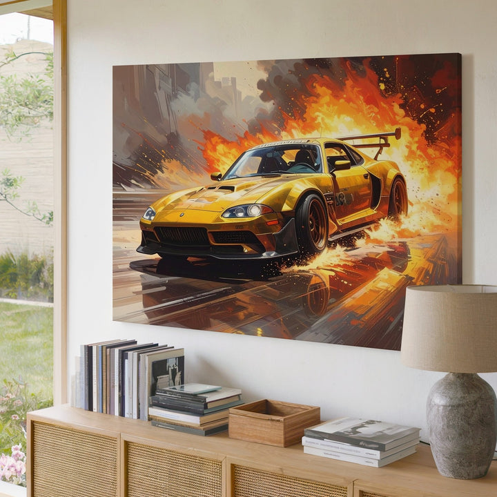 Golden AMG GT Racing Canvas – High-Speed Motion in Fiery Cinematic Style - Gifitto