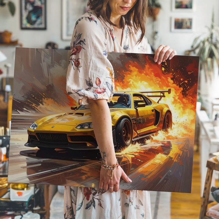 Golden AMG GT Racing Canvas – High-Speed Motion in Fiery Cinematic Style - Gifitto