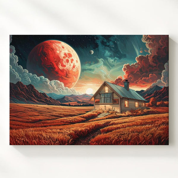 Golden Alien Field Canvas – Quaint Cabin Under Glowing Planet - Gifitto