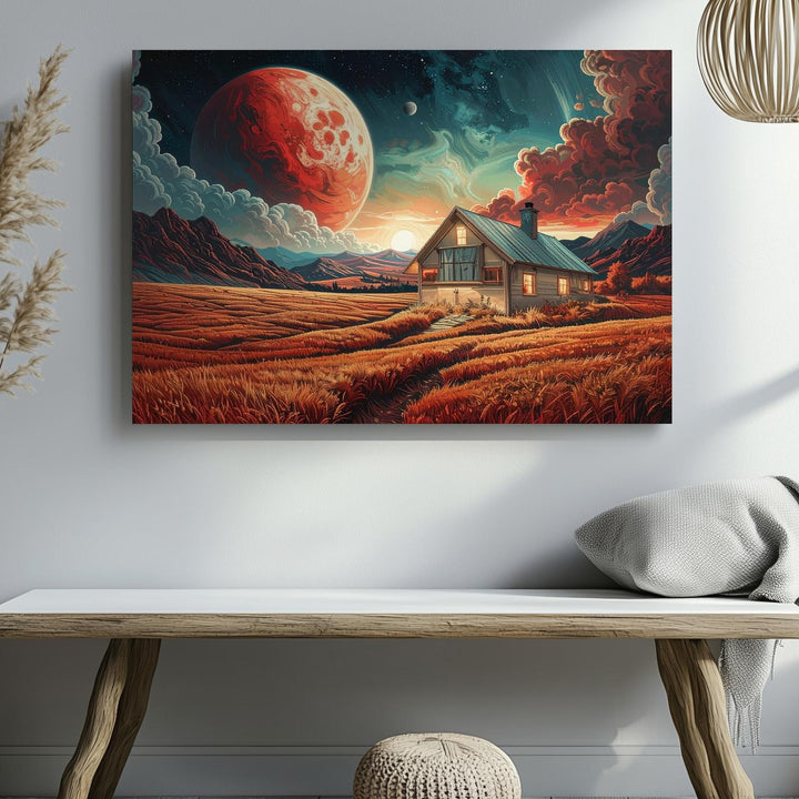 Golden Alien Field Canvas – Quaint Cabin Under Glowing Planet - Gifitto