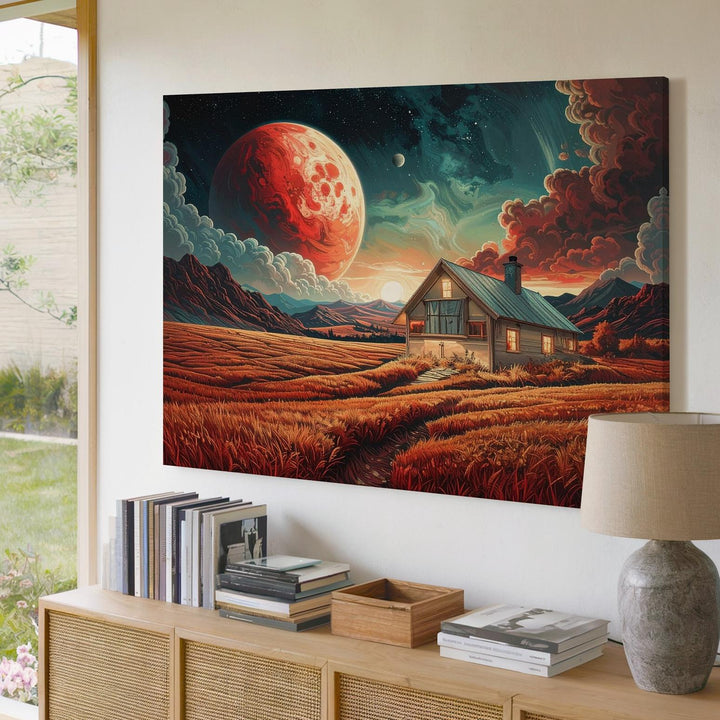 Golden Alien Field Canvas – Quaint Cabin Under Glowing Planet - Gifitto