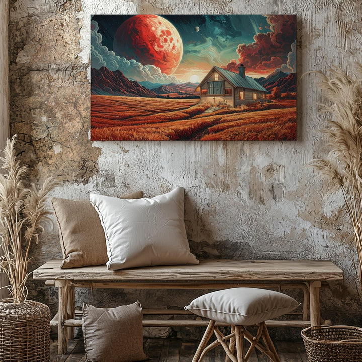 Golden Alien Field Canvas – Quaint Cabin Under Glowing Planet - Gifitto