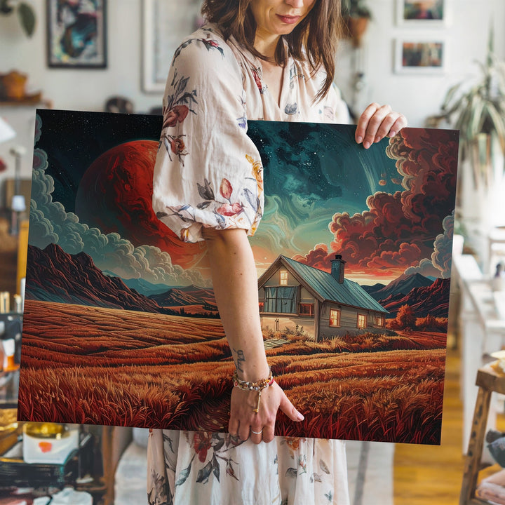 Golden Alien Field Canvas – Quaint Cabin Under Glowing Planet - Gifitto