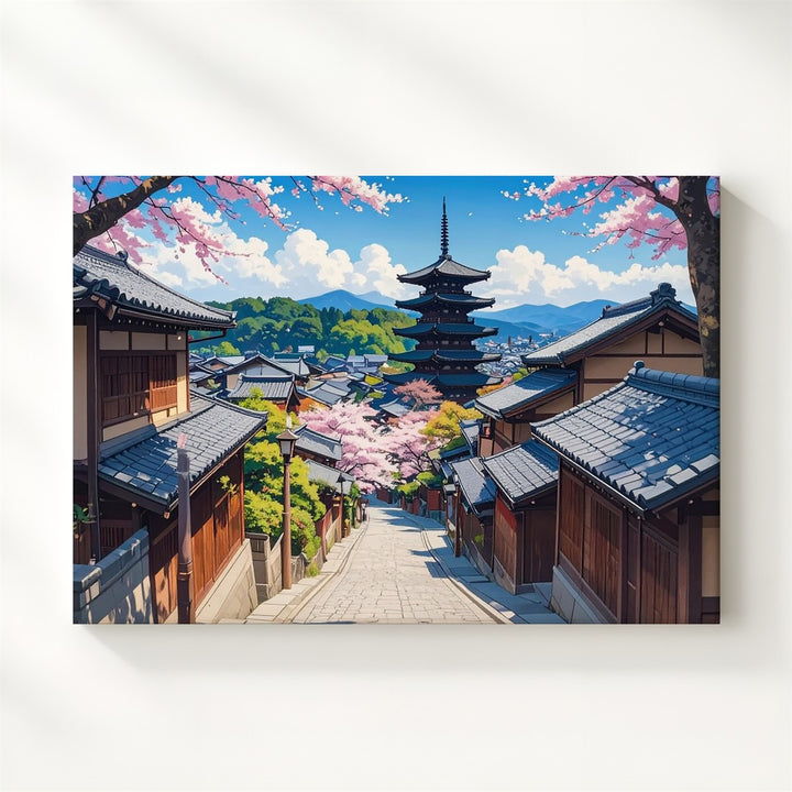 Kyoto Spring Street Canvas – Cherry Blossoms & Pagoda in Sunlit Harmony - Gifitto
