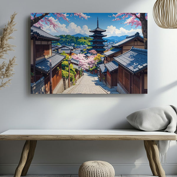 Kyoto Spring Street Canvas – Cherry Blossoms & Pagoda in Sunlit Harmony - Gifitto