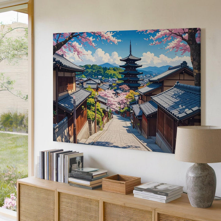 Kyoto Spring Street Canvas – Cherry Blossoms & Pagoda in Sunlit Harmony - Gifitto