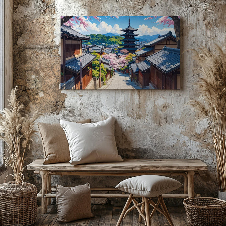 Kyoto Spring Street Canvas – Cherry Blossoms & Pagoda in Sunlit Harmony - Gifitto