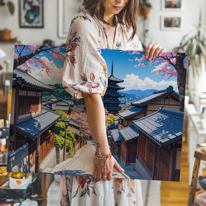 Kyoto Spring Street Canvas – Cherry Blossoms & Pagoda in Sunlit Harmony - Gifitto