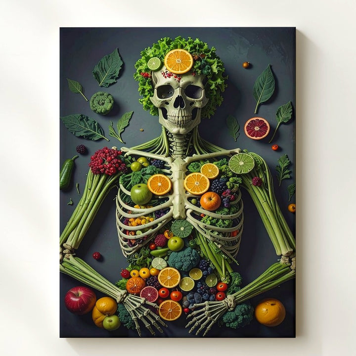 Surreal Skeleton Made of Fruits and Vegetables Canvas – Fantastical Digital Artwork - Gifitto
