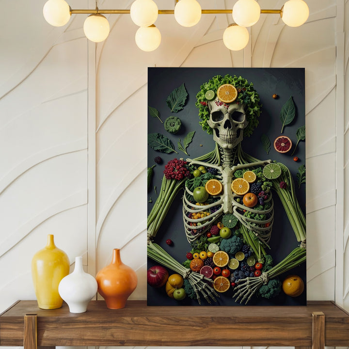 Surreal Skeleton Made of Fruits and Vegetables Canvas – Fantastical Digital Artwork - Gifitto