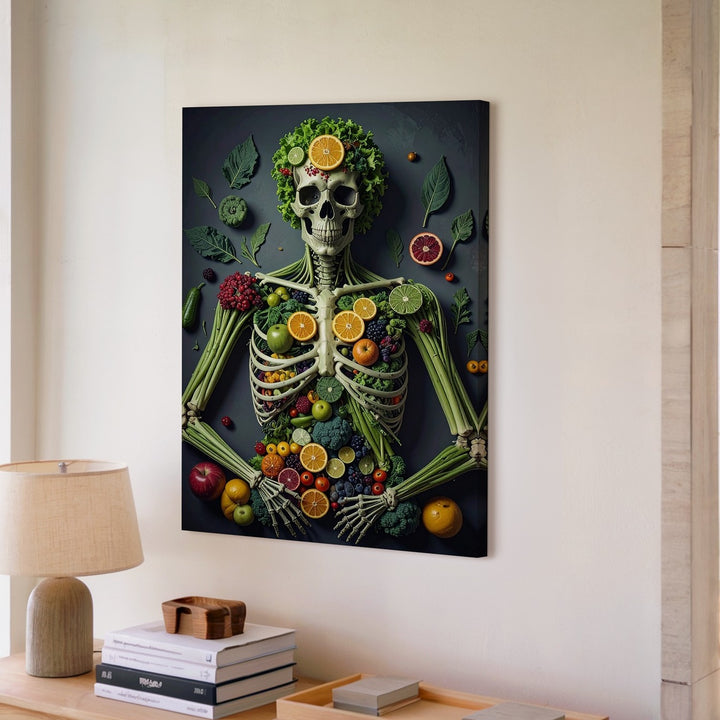 Surreal Skeleton Made of Fruits and Vegetables Canvas – Fantastical Digital Artwork - Gifitto