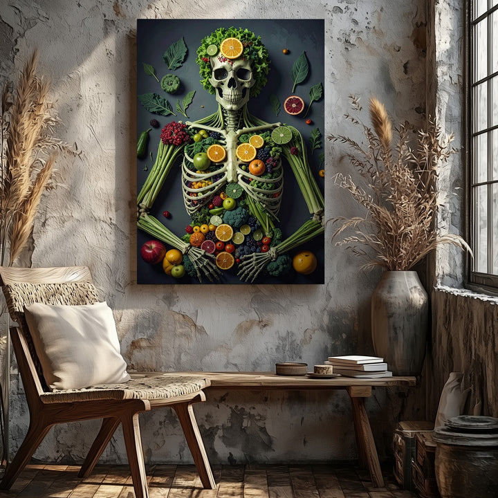 Surreal Skeleton Made of Fruits and Vegetables Canvas – Fantastical Digital Artwork - Gifitto