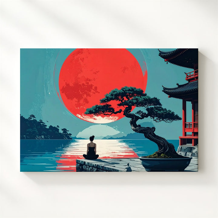 Red Sun Reflection Canvas – Japanese Waterscape with Bonsai & Solitary Figure - Gifitto