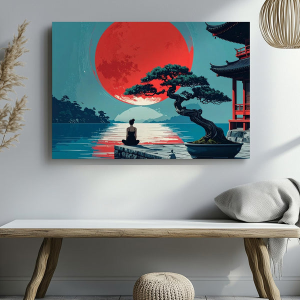 Red Sun Reflection Canvas – Japanese Waterscape with Bonsai & Solitary Figure - Gifitto
