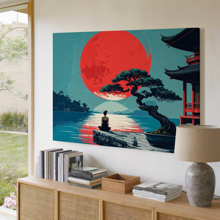 Red Sun Reflection Canvas – Japanese Waterscape with Bonsai & Solitary Figure - Gifitto