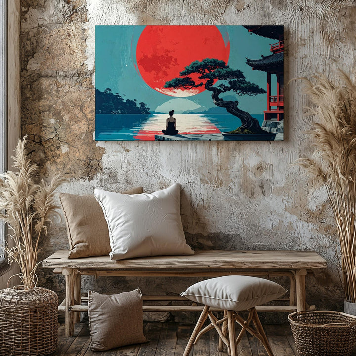 Red Sun Reflection Canvas – Japanese Waterscape with Bonsai & Solitary Figure - Gifitto