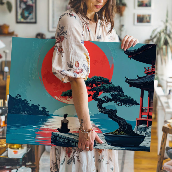 Red Sun Reflection Canvas – Japanese Waterscape with Bonsai & Solitary Figure - Gifitto