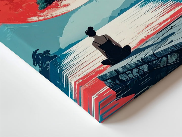 Red Sun Reflection Canvas – Japanese Waterscape with Bonsai & Solitary Figure - Gifitto