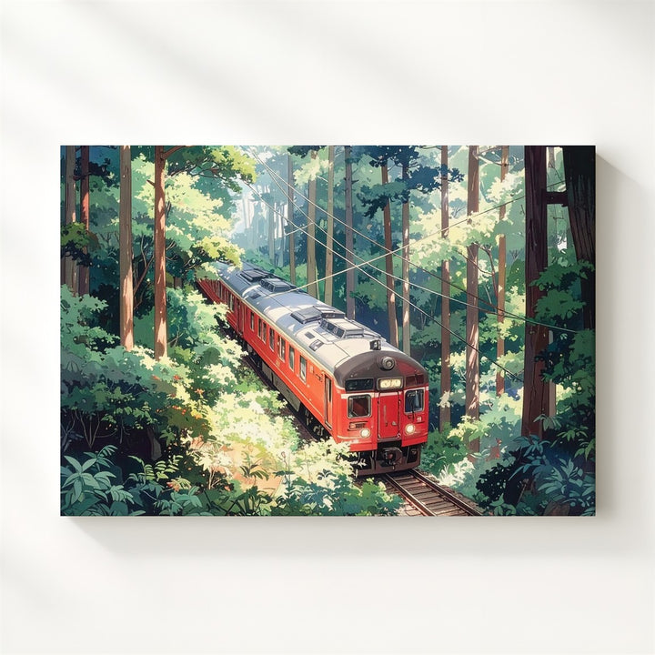 Red Train Through Forest Canvas – Vibrant Japanese Rural Travel Illustration - Gifitto