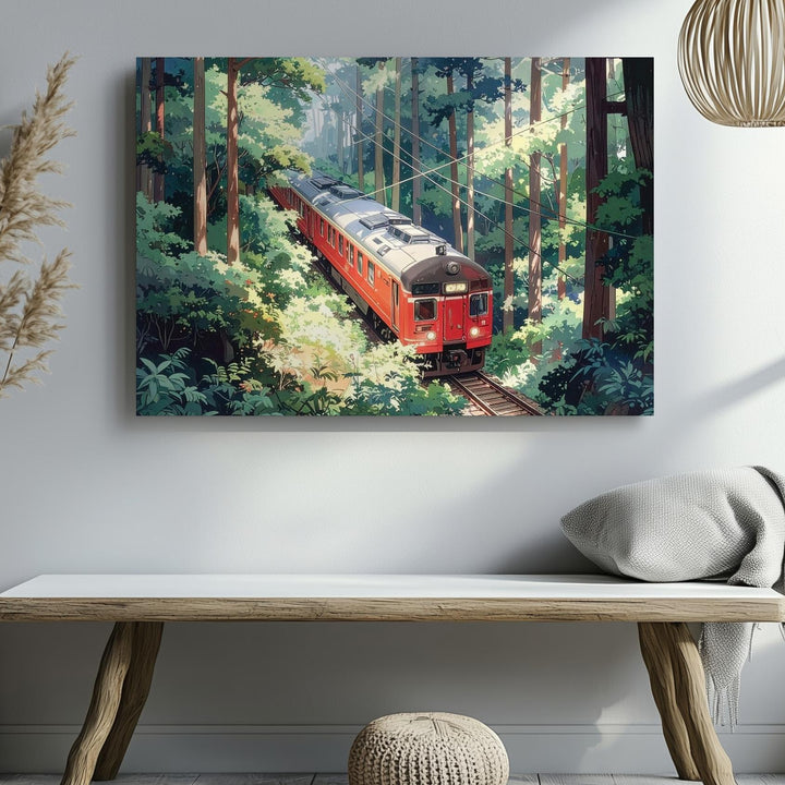 Red Train Through Forest Canvas – Vibrant Japanese Rural Travel Illustration - Gifitto