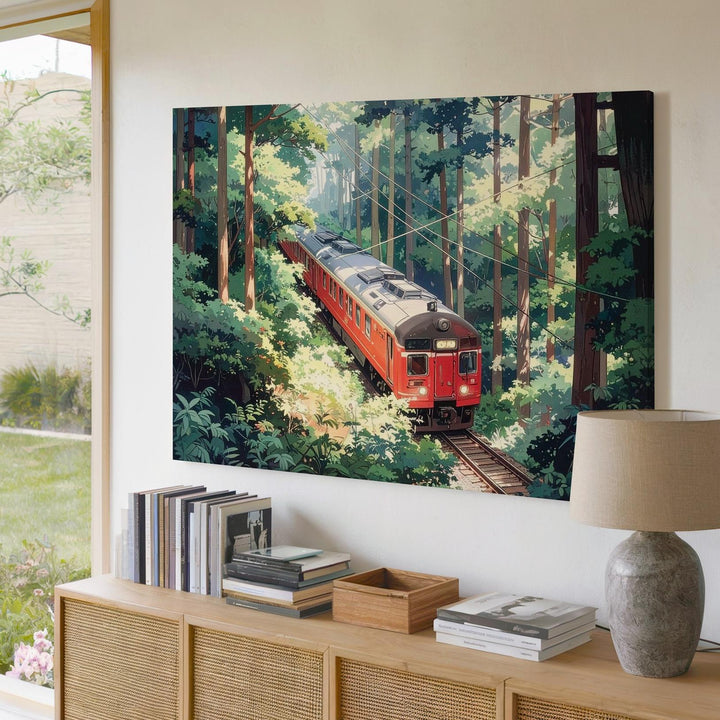 Red Train Through Forest Canvas – Vibrant Japanese Rural Travel Illustration - Gifitto