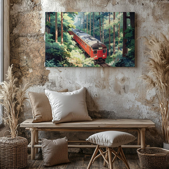 Red Train Through Forest Canvas – Vibrant Japanese Rural Travel Illustration - Gifitto