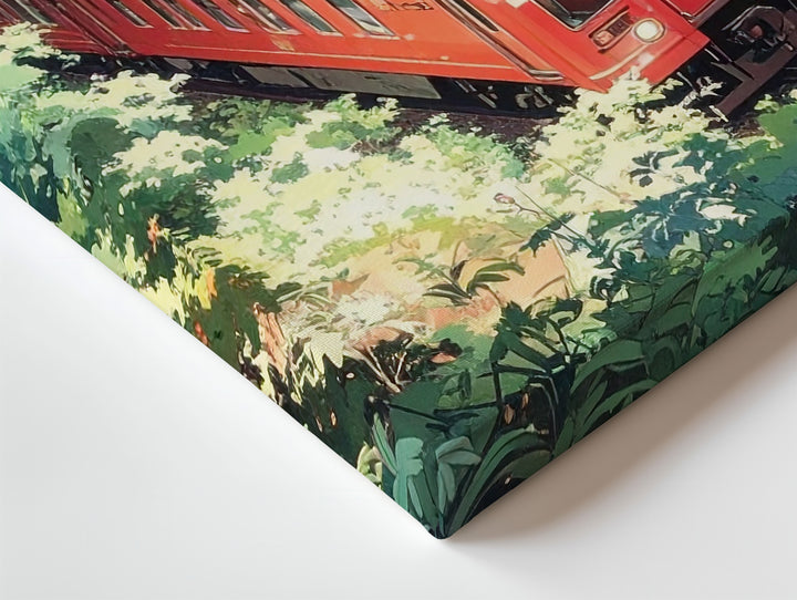 Red Train Through Forest Canvas – Vibrant Japanese Rural Travel Illustration - Gifitto
